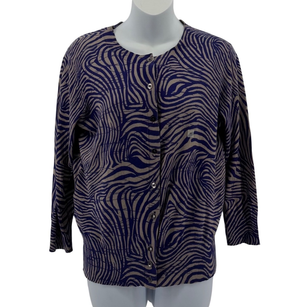 LOFT Cotton Cardigan Women Medium Blue Tan Zebra Print Button Front Sweater